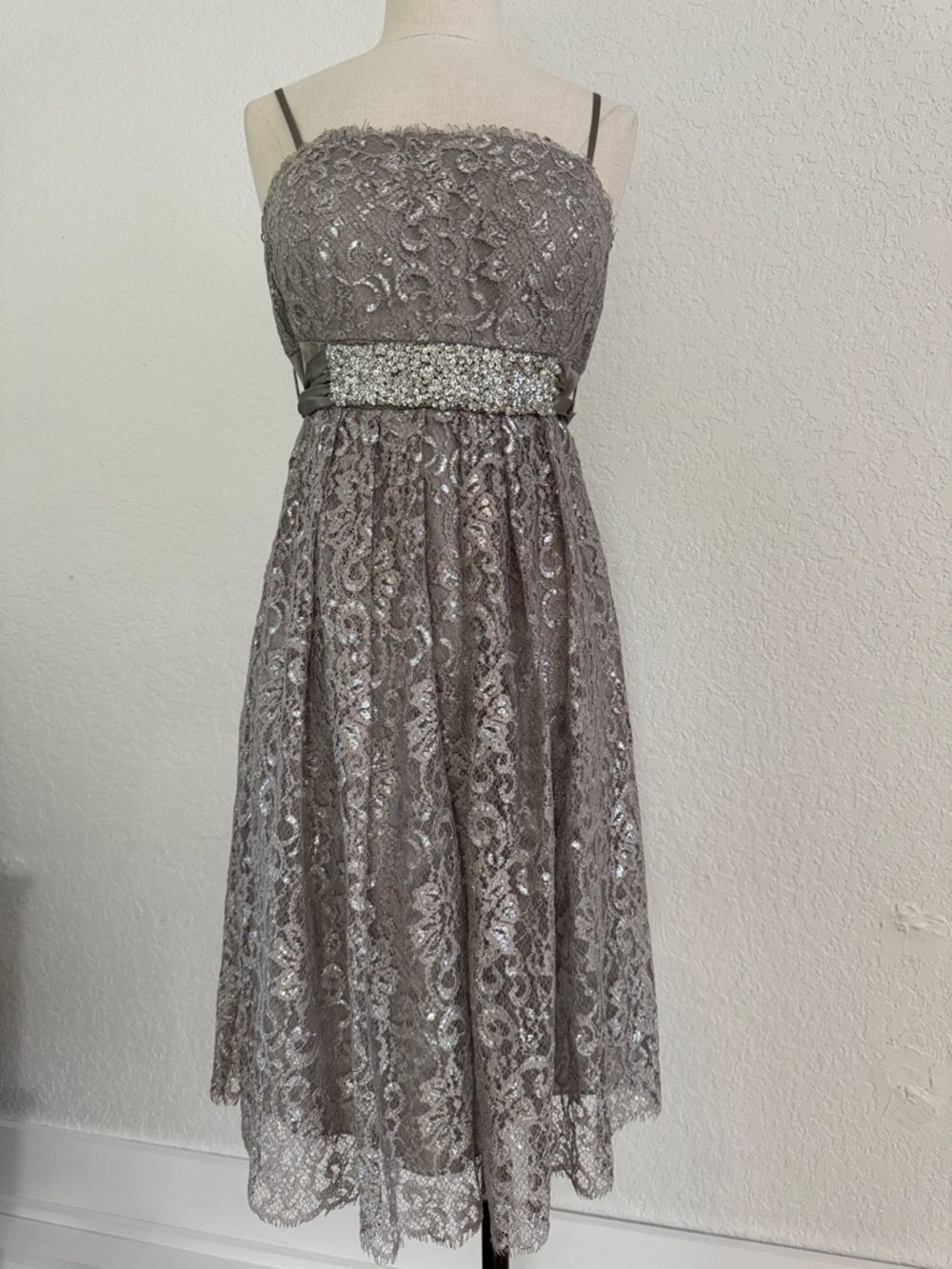 OC by Oleg Cassini Silver Lace Midi Dress with Beaded Waist